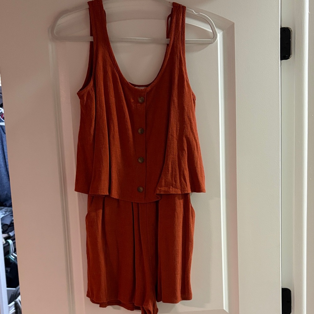 Fantastic Fawn Rust Sleeveless Button-Down Romper